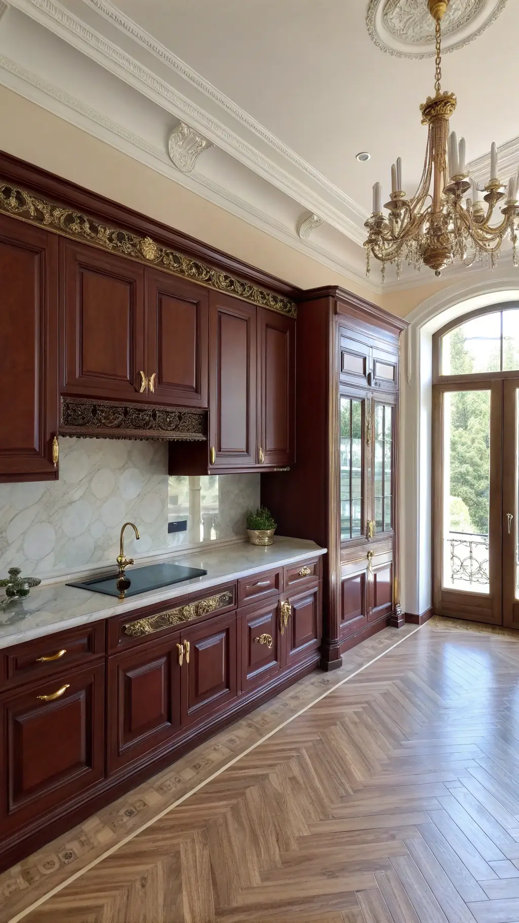 High-gloss burgundy cabinets paired with Calacatta marble countertops, antique brass chandelier, herringbone wood floors, and French doors opening to a garden