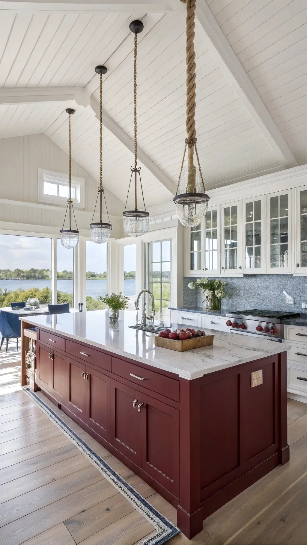 Bright coastal-inspired kitchen with burgundy and white cabinetry, navy island, quartzite countertops with blue veining, rope pendant lights, and polished nickel hardware