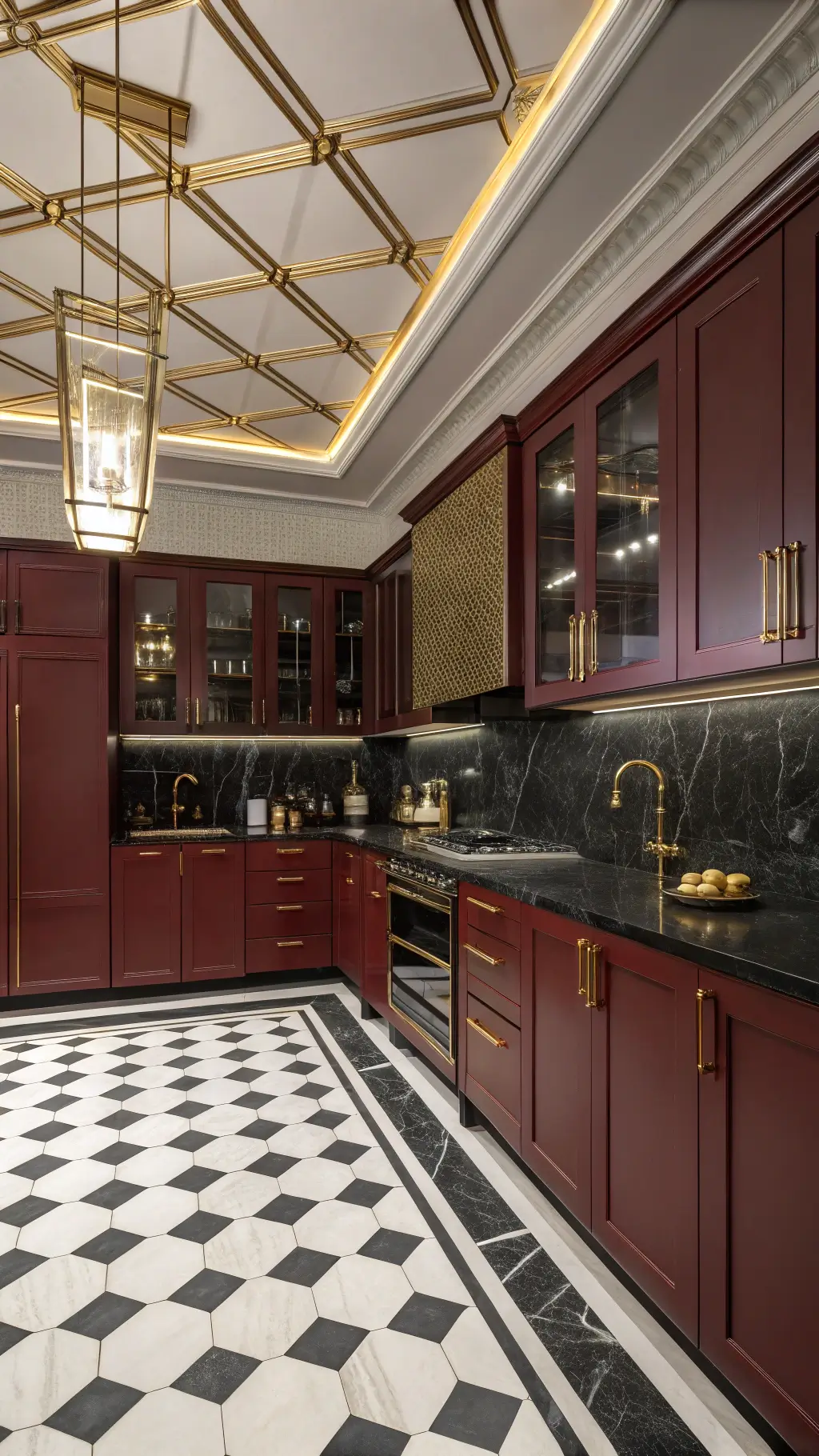 Glamorous art deco kitchen with high-gloss burgundy cabinets, gold inlays, black marble countertops, mirrored backsplash, and brass pendant lighting