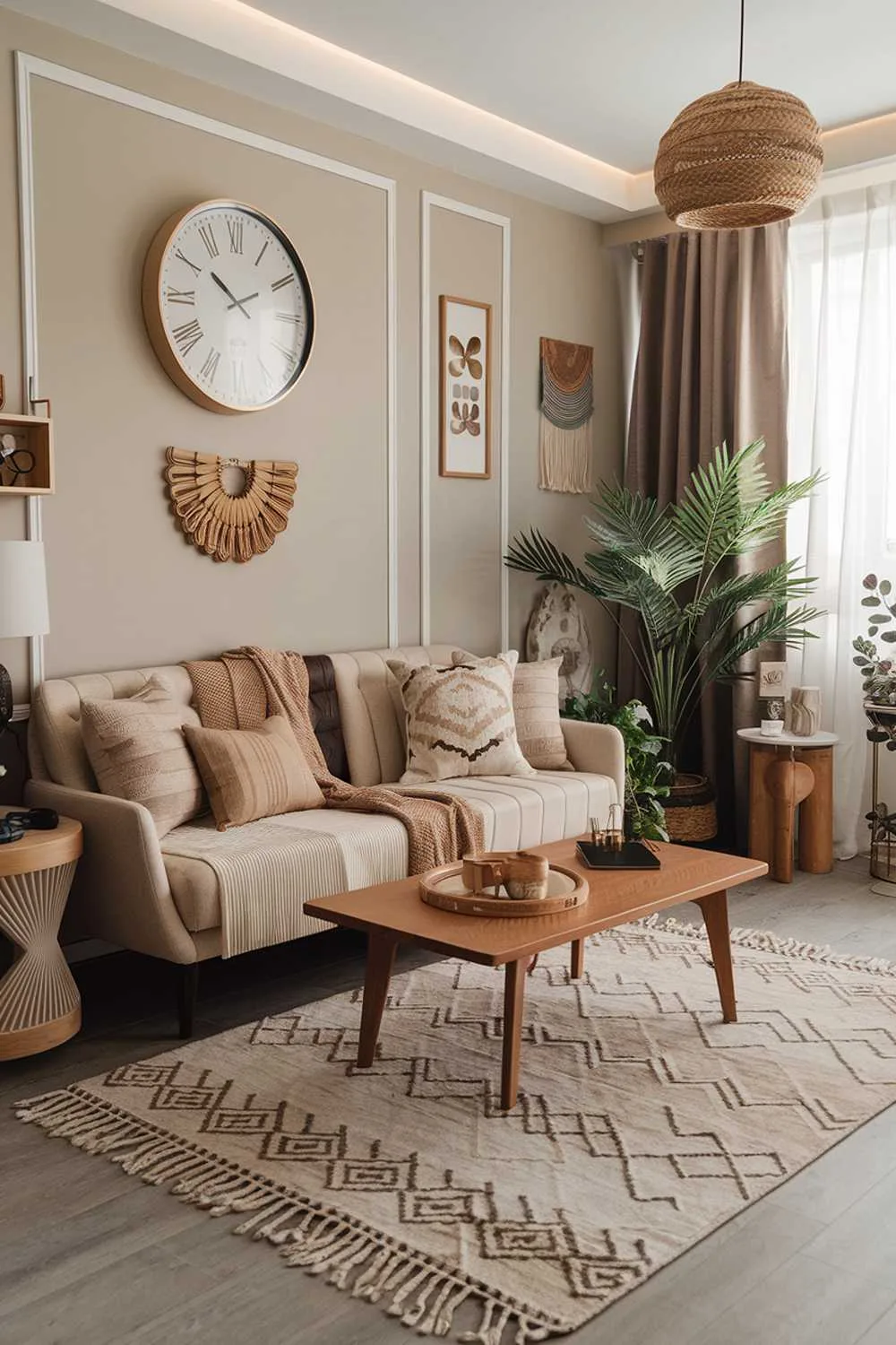 Cozy modern boho living room with layered textures and decor