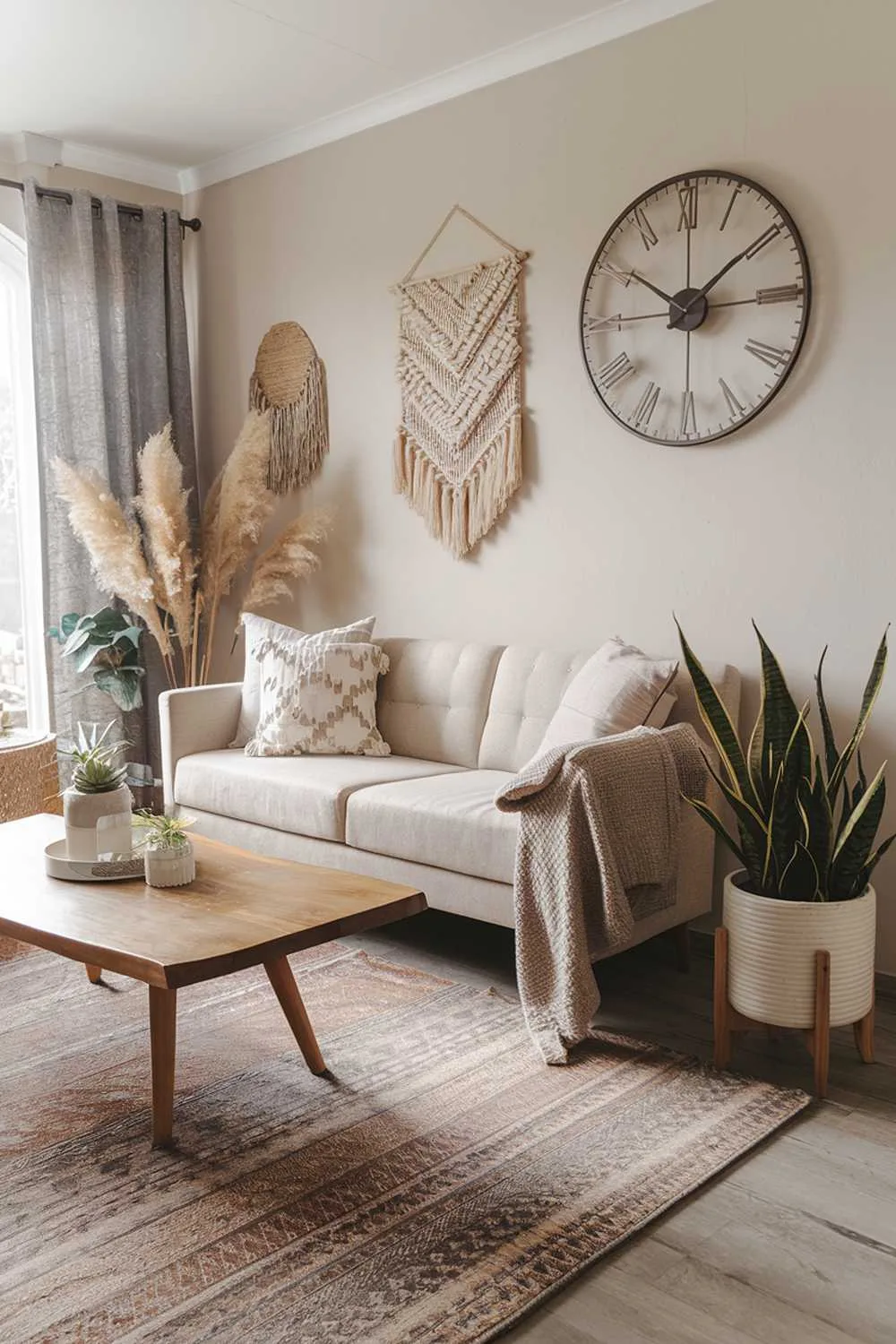 Modern minimalist boho living room with natural accents