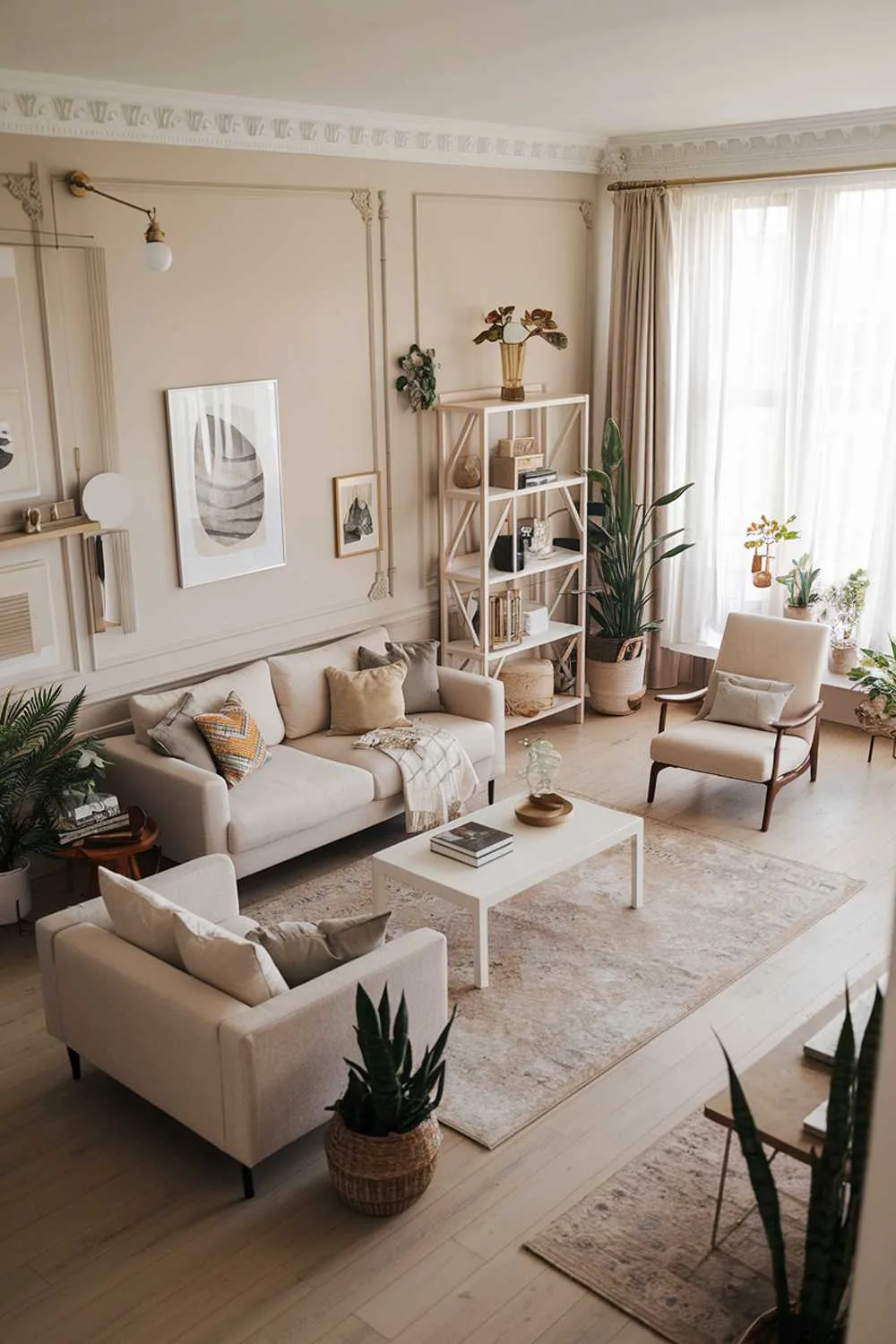 Light and airy boho living room with white furniture and plants