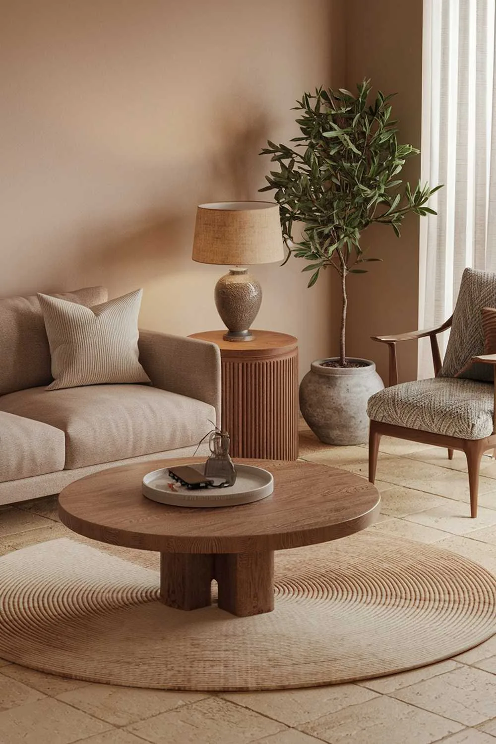 Boho living room with vintage lamp and cozy seating