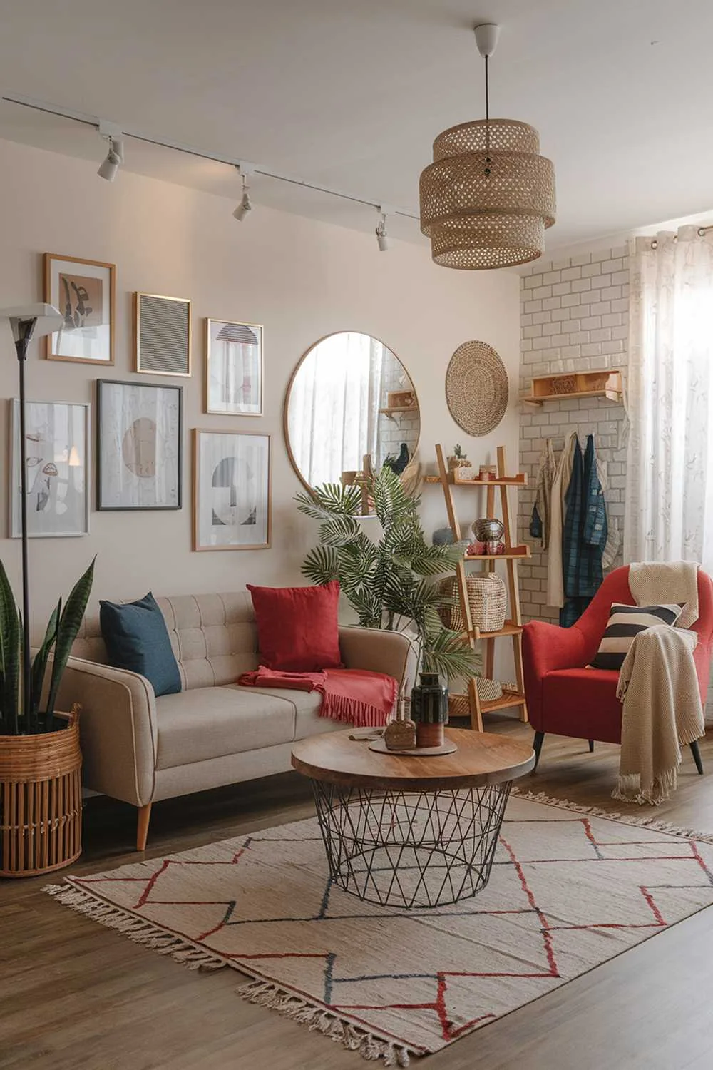 Boho living room with gallery wall and vibrant seating