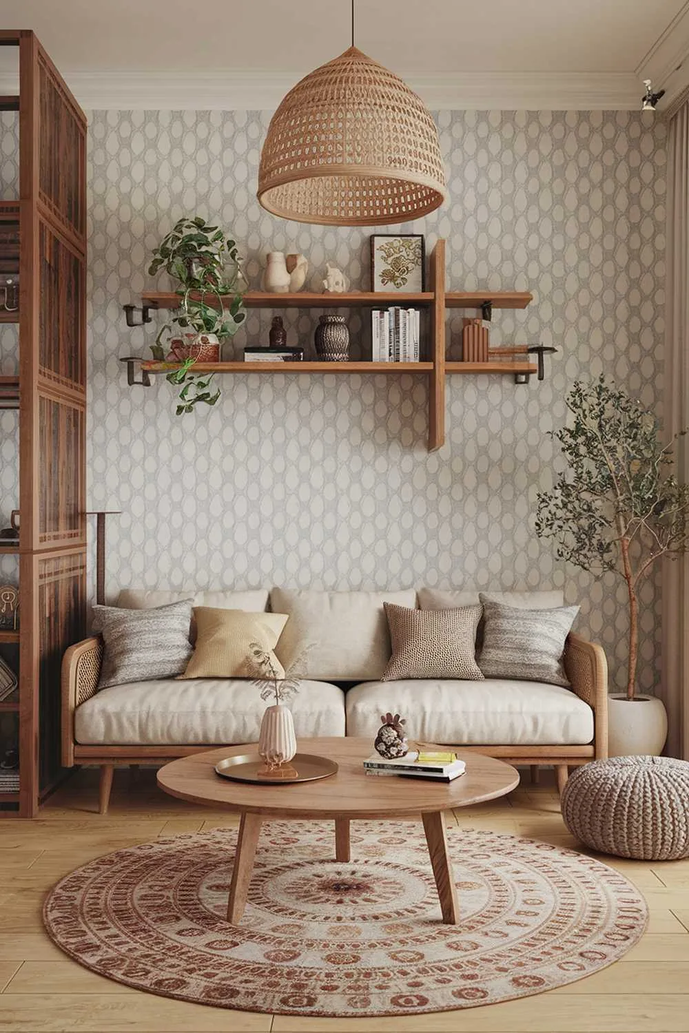 Boho living room with patterned wallpaper and decorative shelving