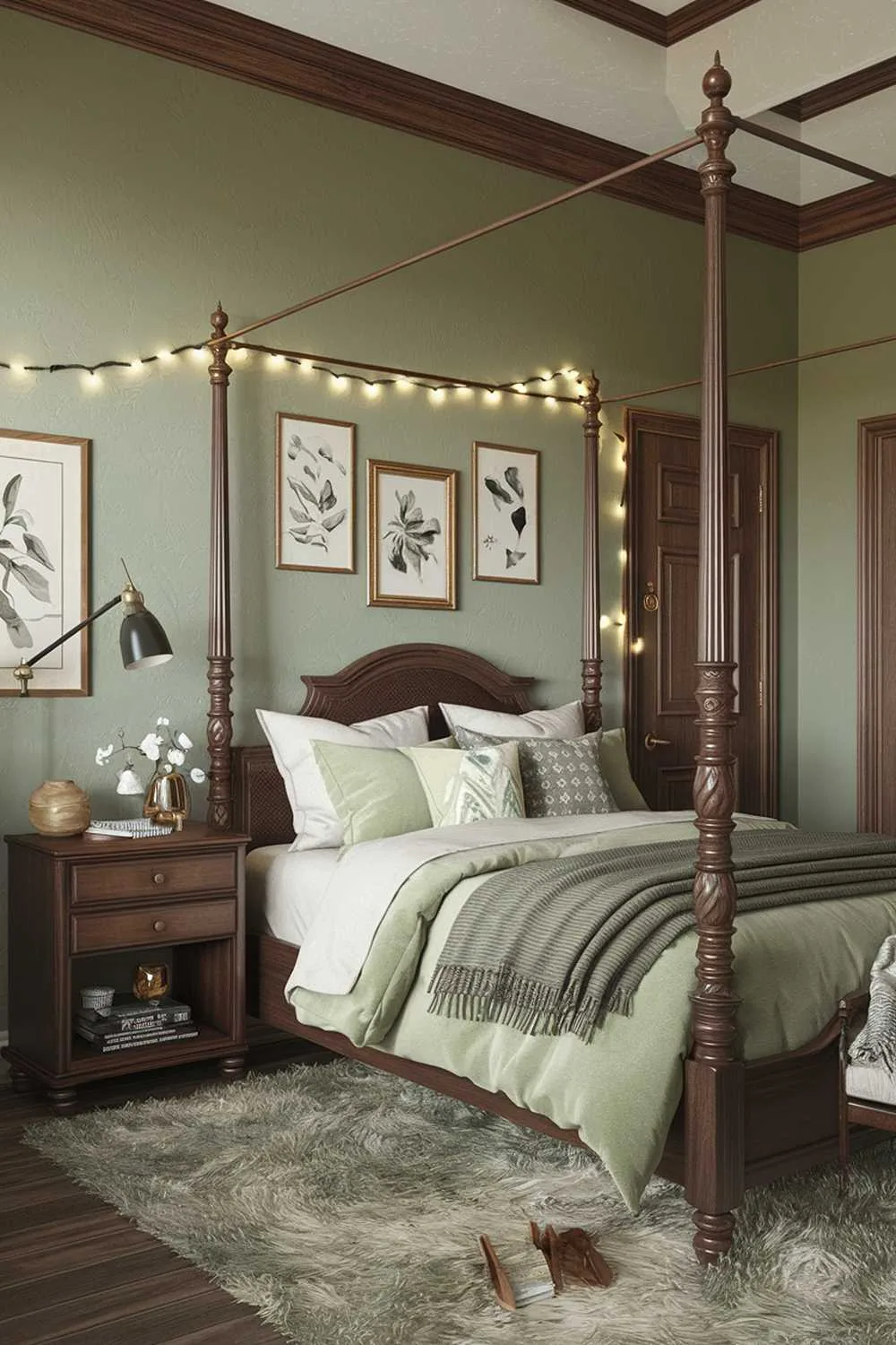Sage green bedroom with four-poster bed and fairy lights