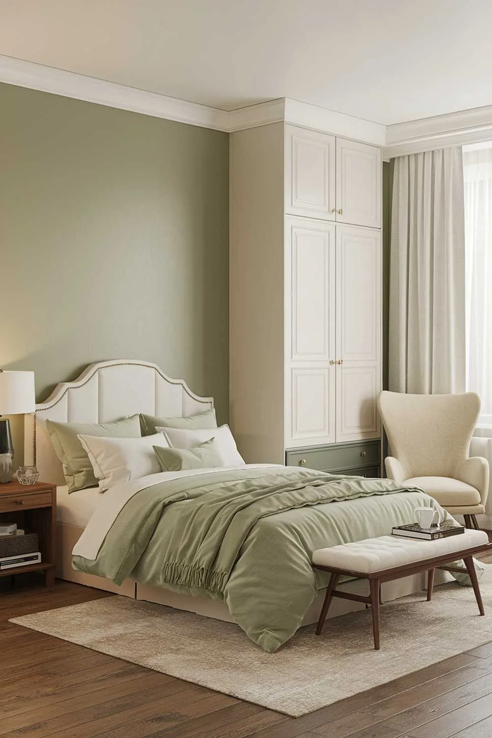Queen-size bed with sage green comforter and wooden nightstand