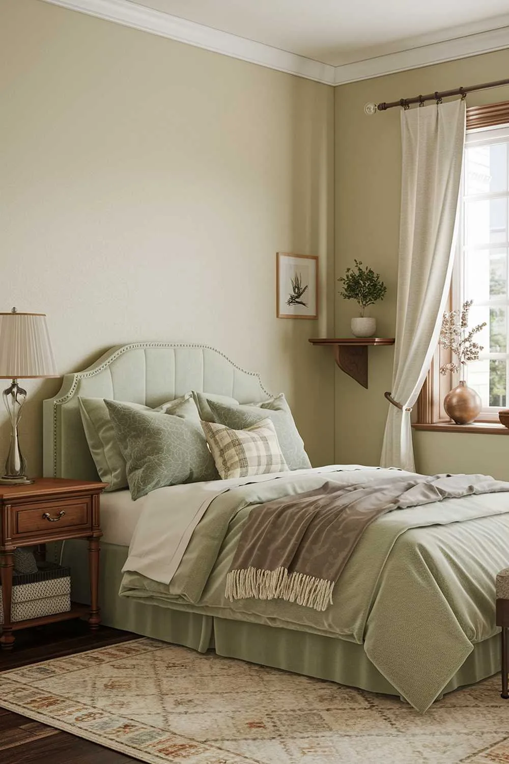 Bedroom with soft beige walls, sage green accents, and natural light