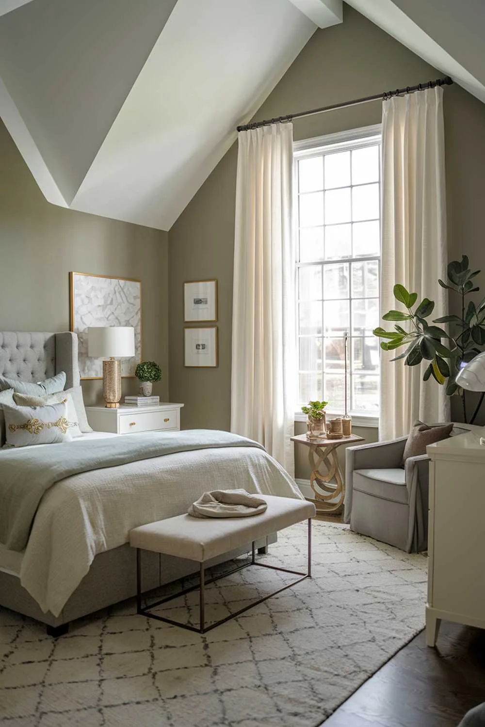 Sage green bedroom with grey and beige tones and natural light