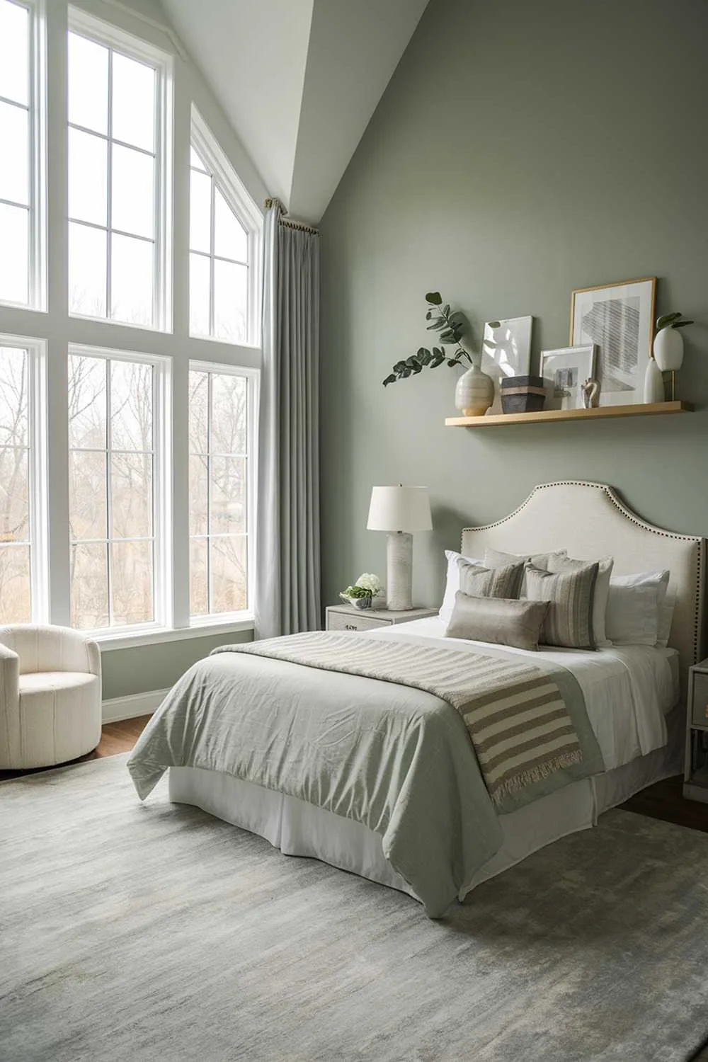 High-ceiling sage green bedroom with large windows and floating shelf