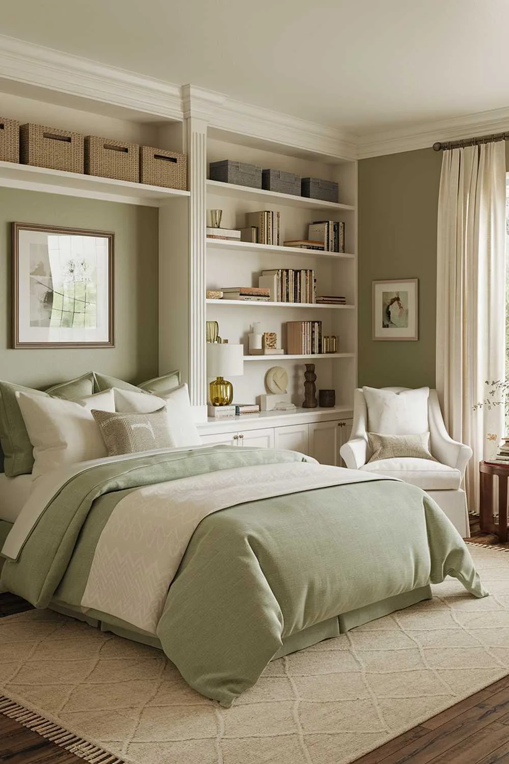 Sage green bedroom with white bookshelf and cozy reading corner
