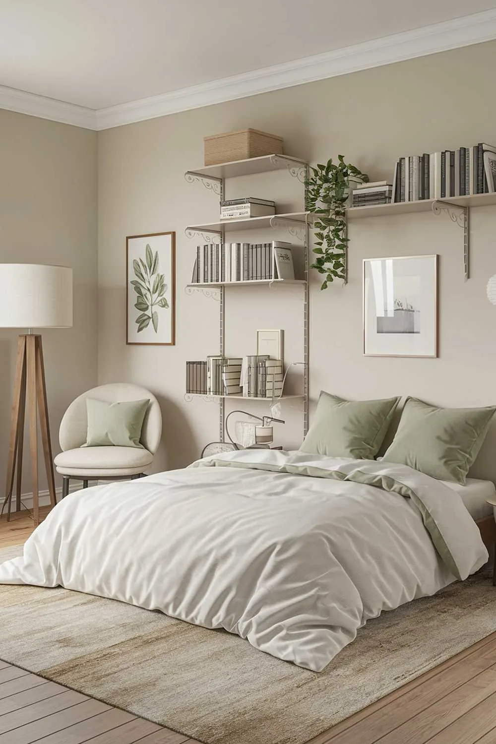 Bedroom with sage green accents, white bookshelf, and cozy reading chair