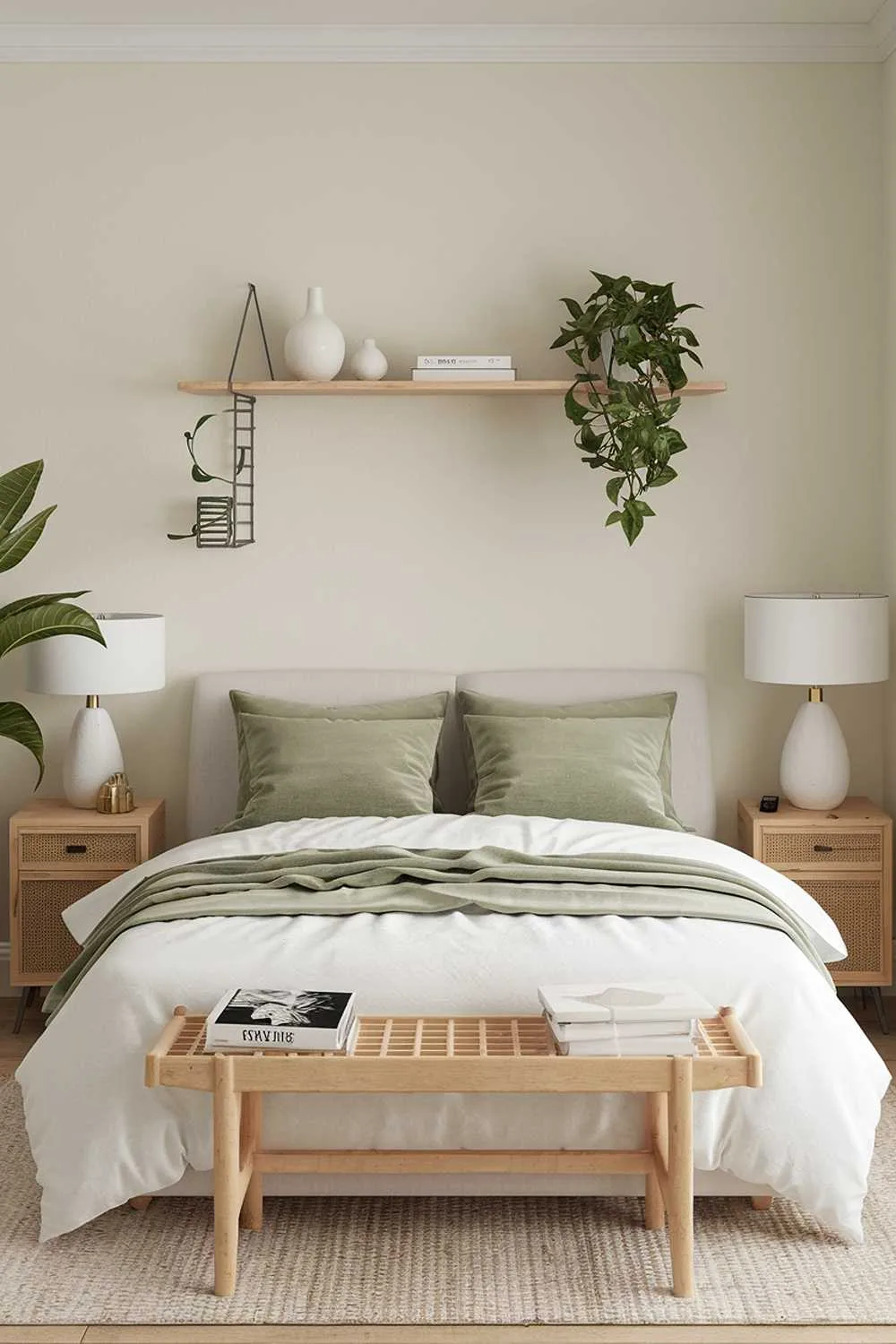 Cozy bedroom with symmetrical bedside tables and sage green accents
