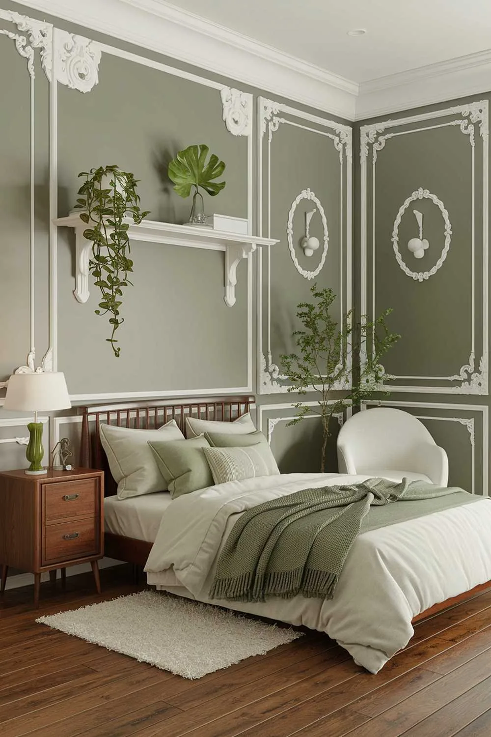 Cozy bedroom with sage green accents and wooden elements
