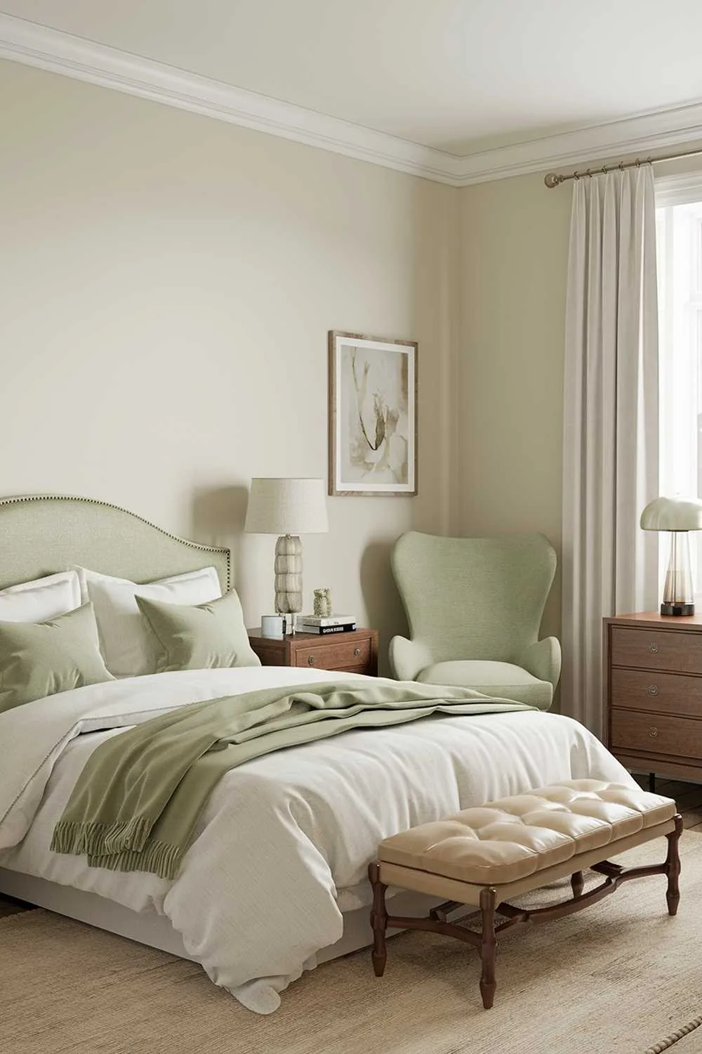Bedroom with sage green chair and beige decor