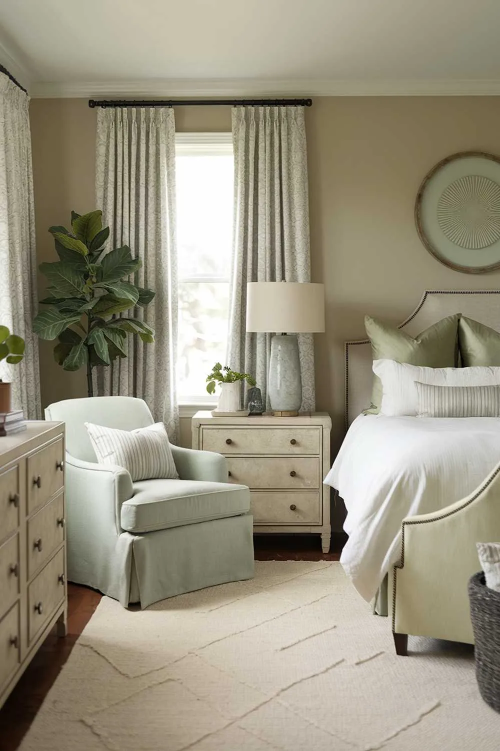 Bedroom with beige walls, sage green accents, and plants