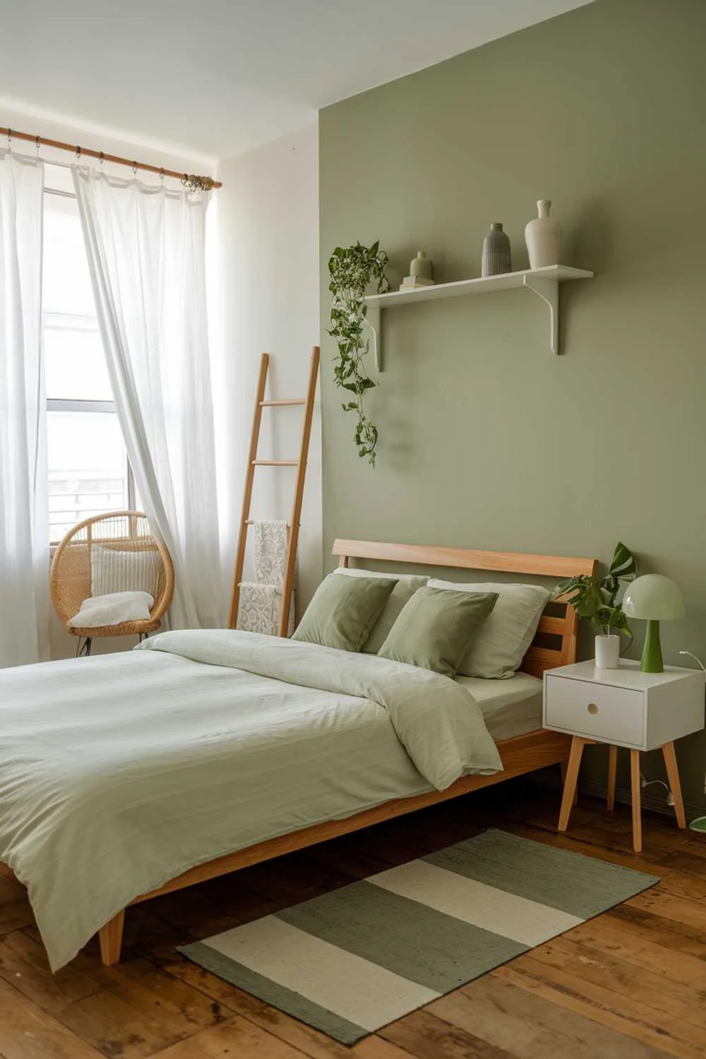 Bedroom with sage green accent wall and wooden ladder