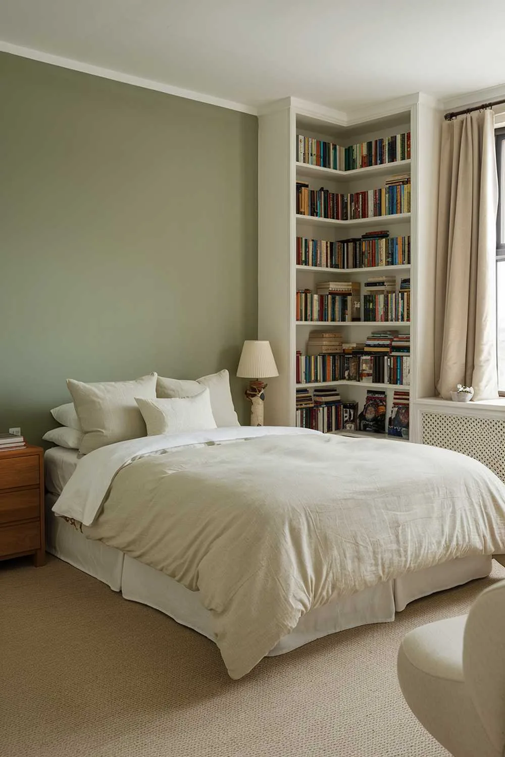 Bedroom with sage green accent wall and white bookcase