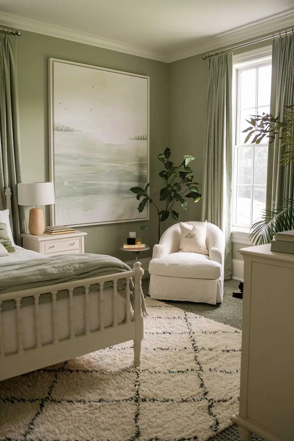 Sage green bedroom with large framed landscape artwork