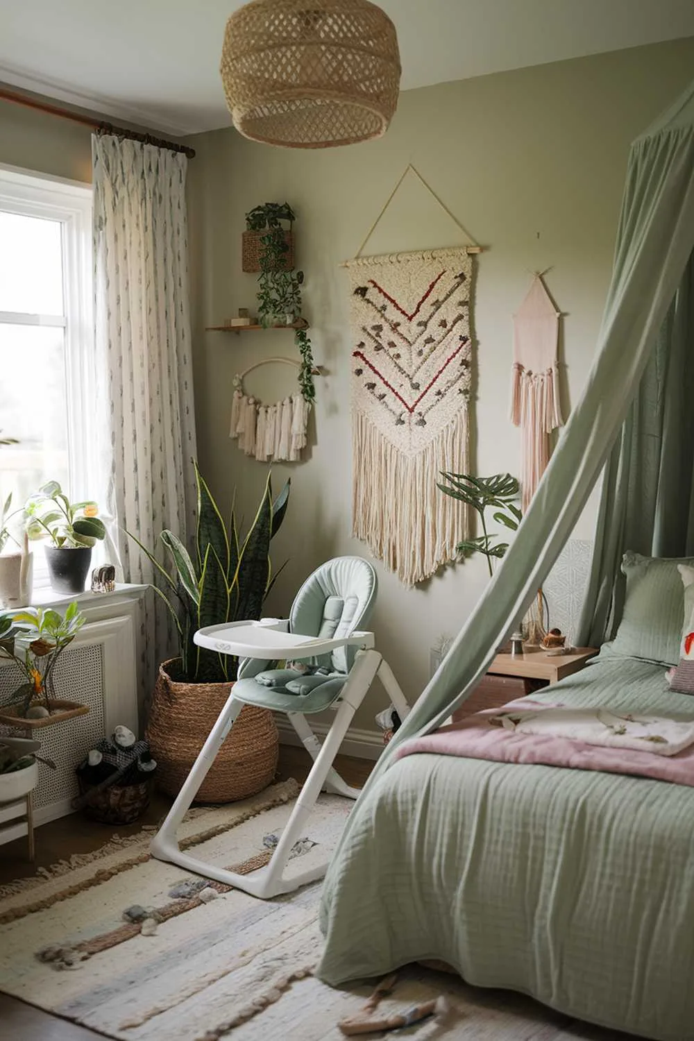 Sage green bedroom with canopy bed and plants