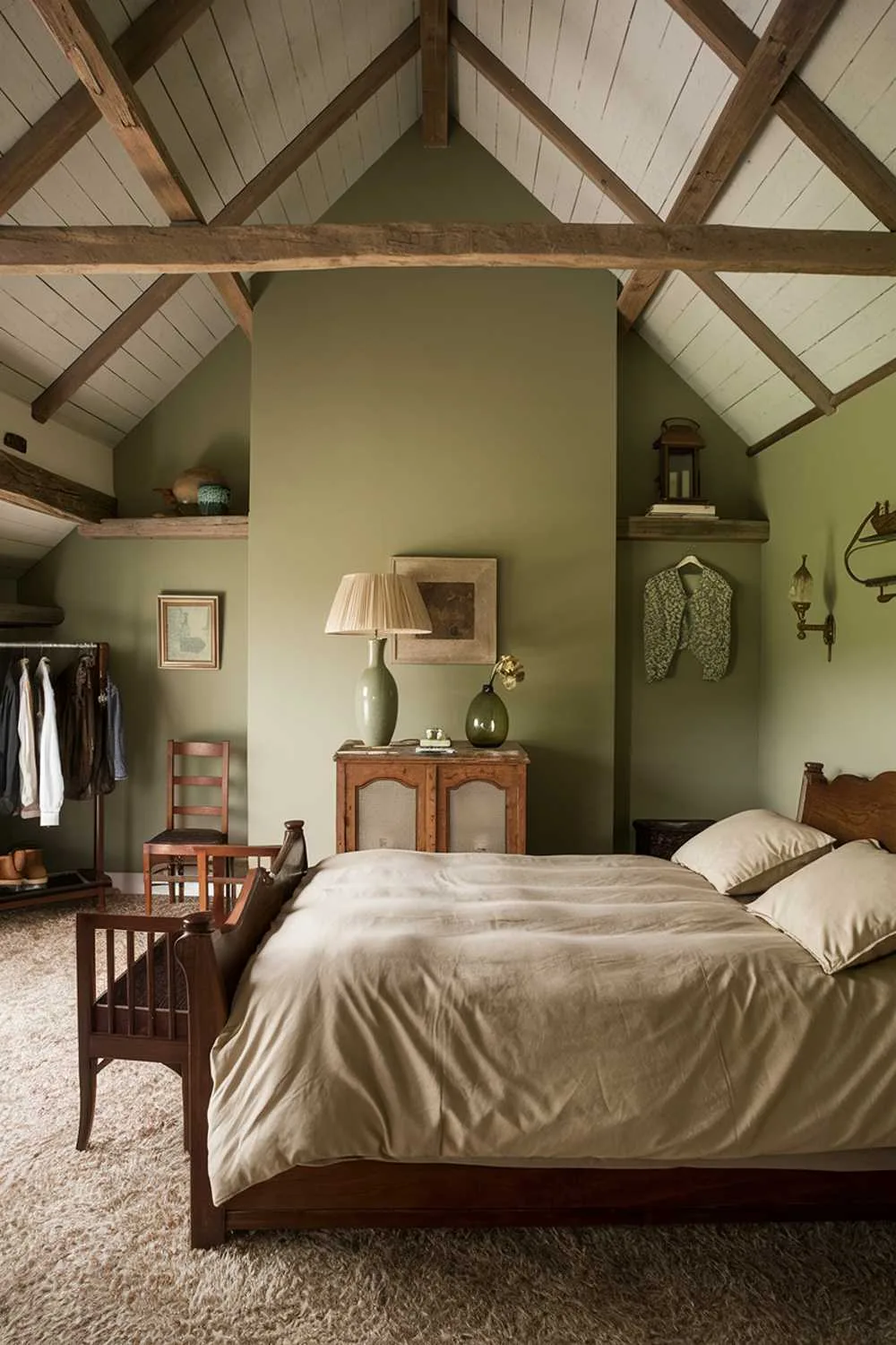 Bedroom with wooden beams, vintage cabinet, and sage green accent wall