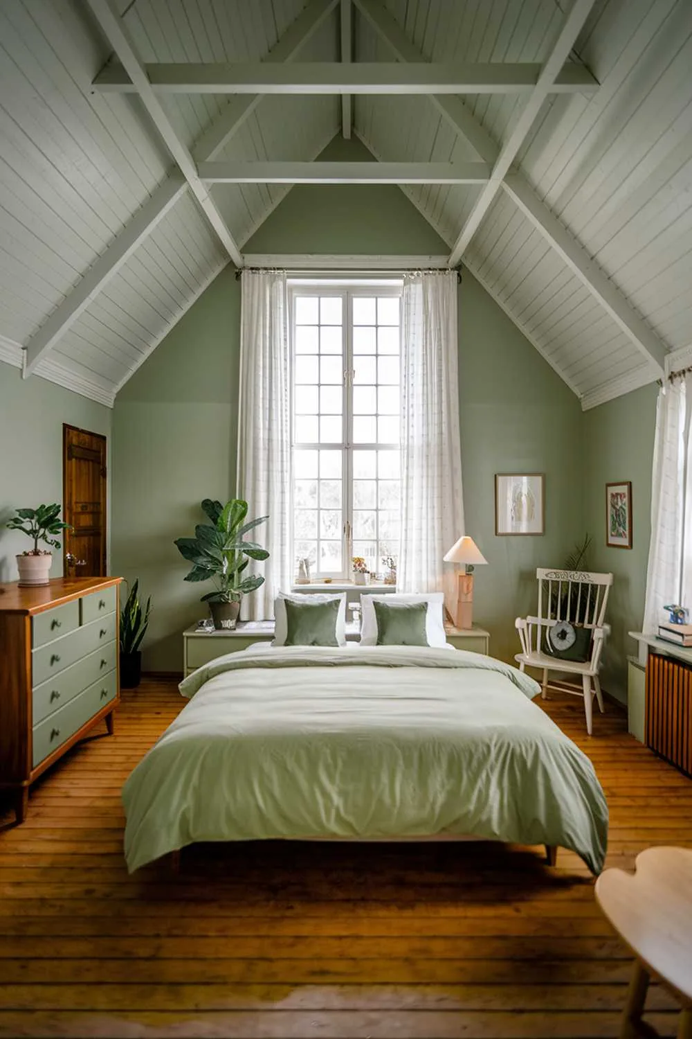Modern sage green bedroom with wooden dresser and large windows