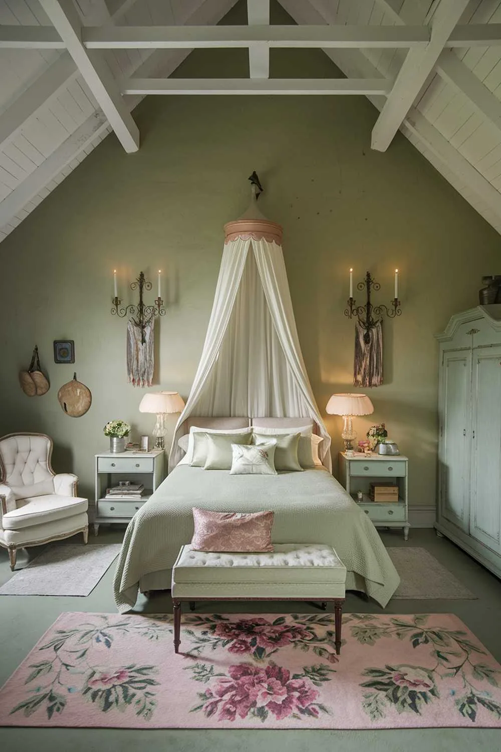 Sage green bedroom with vintage wall sconces and floral rug