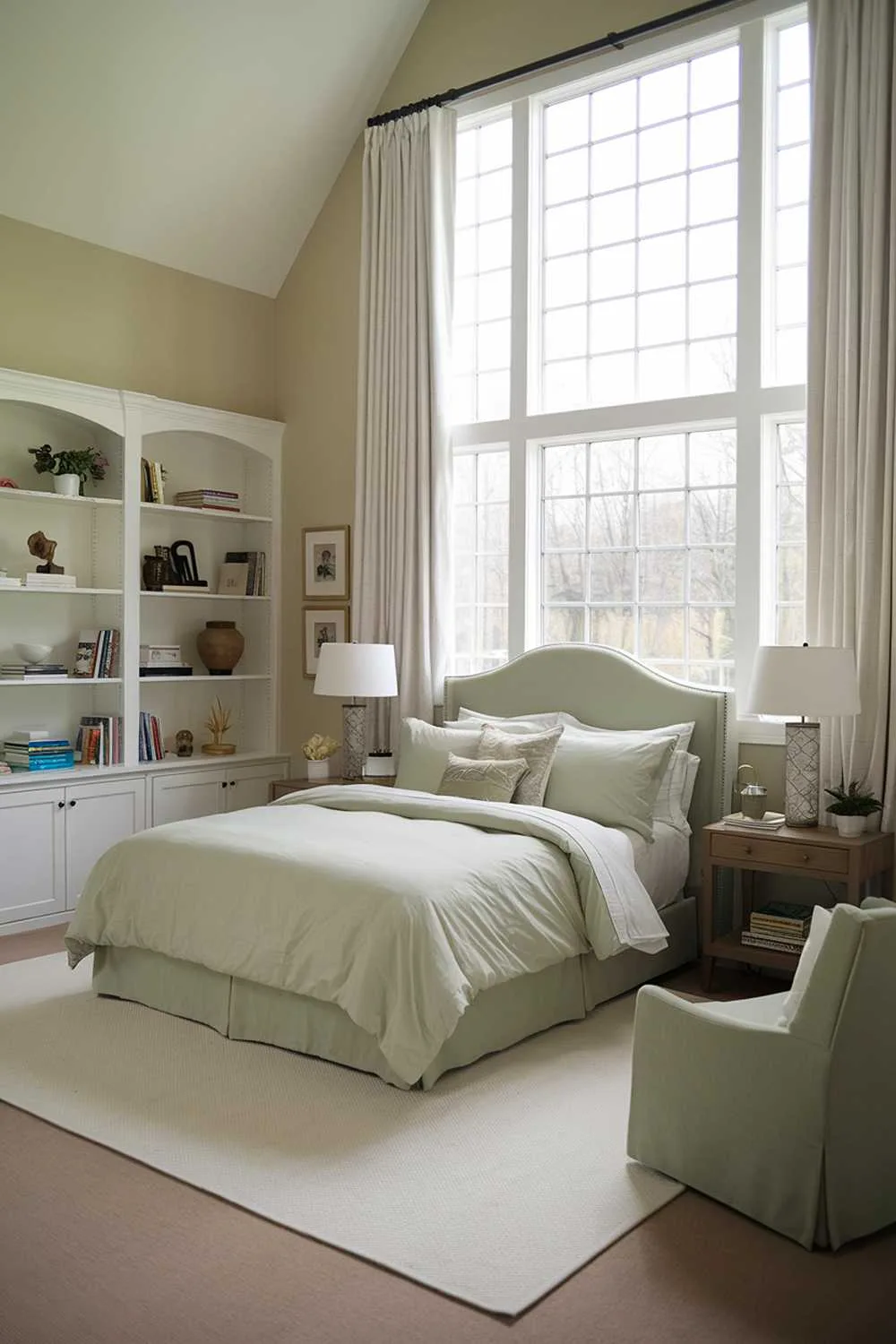 Sage green bedroom with white bookshelf and cozy chair