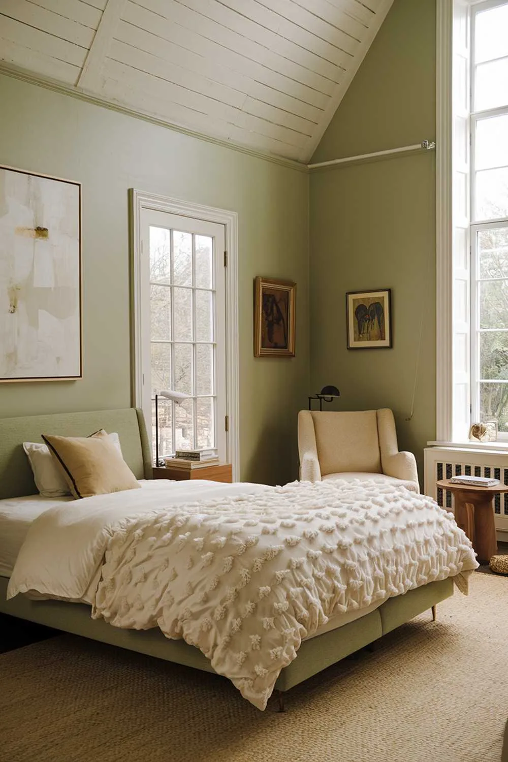 Bedroom with abstract painting and beige chair near window