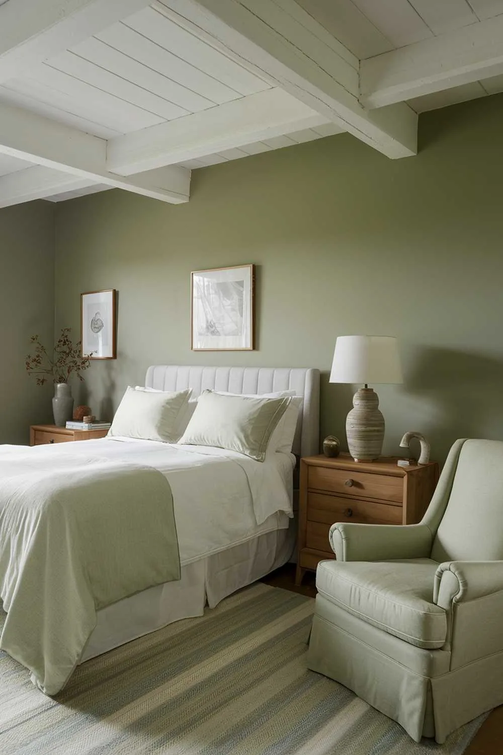 Sage green bedroom with wooden beams and armchair