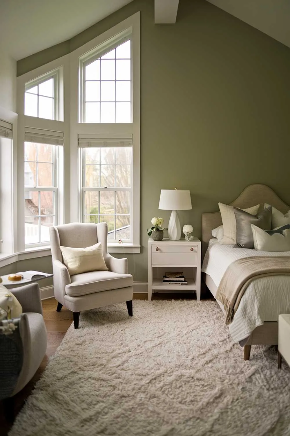 Sage green bedroom with plush rug, gray armchair, and layered bedding