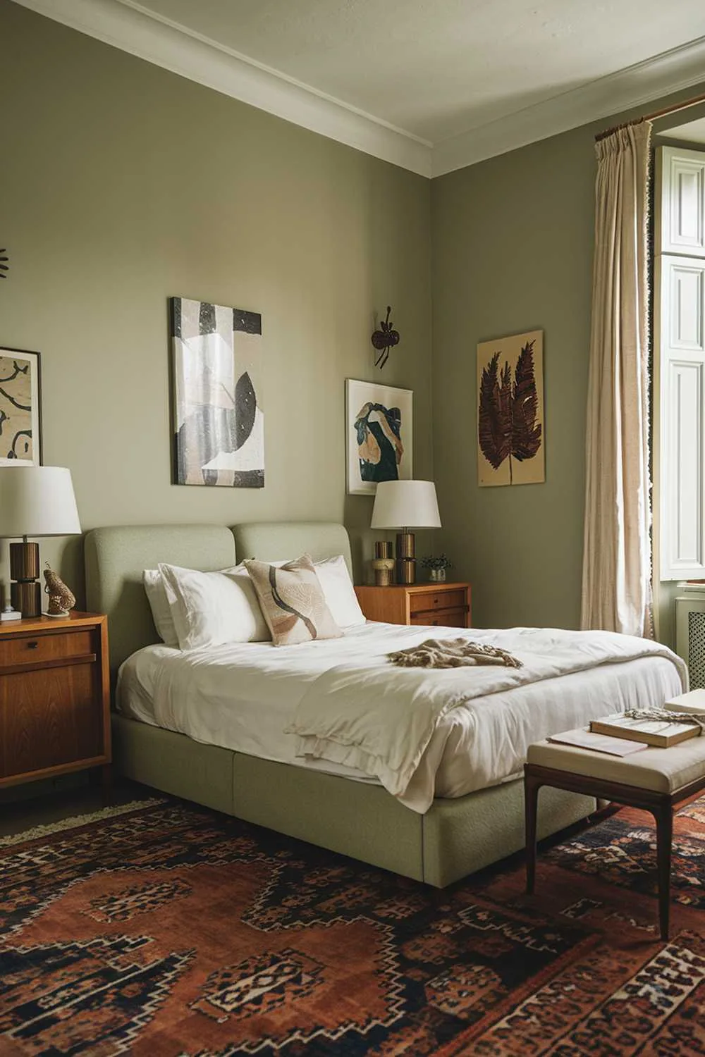Sage green bedroom with symmetrical bedside tables and artwork