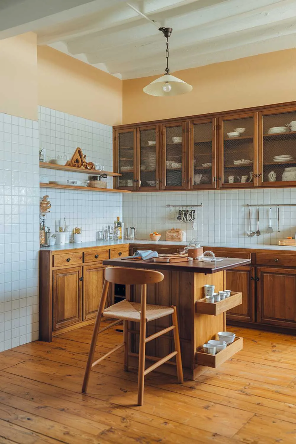 Bright Wood Kitchen Design Bright kitchen with wooden floors, cabinets, and a central wooden island