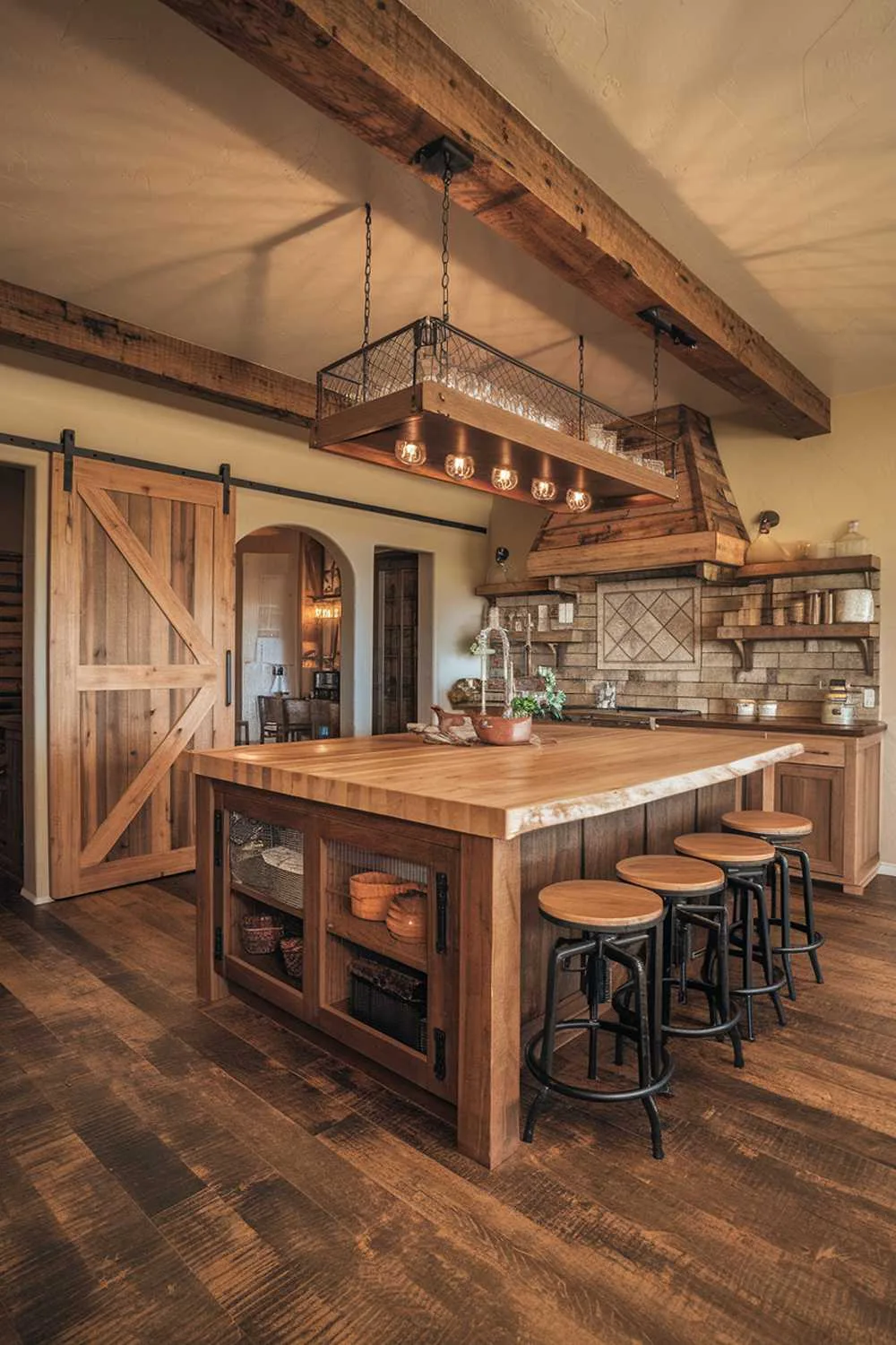 Barn Door Kitchen Design Kitchen with rustic barn door, butcher block island, and wooden shelves