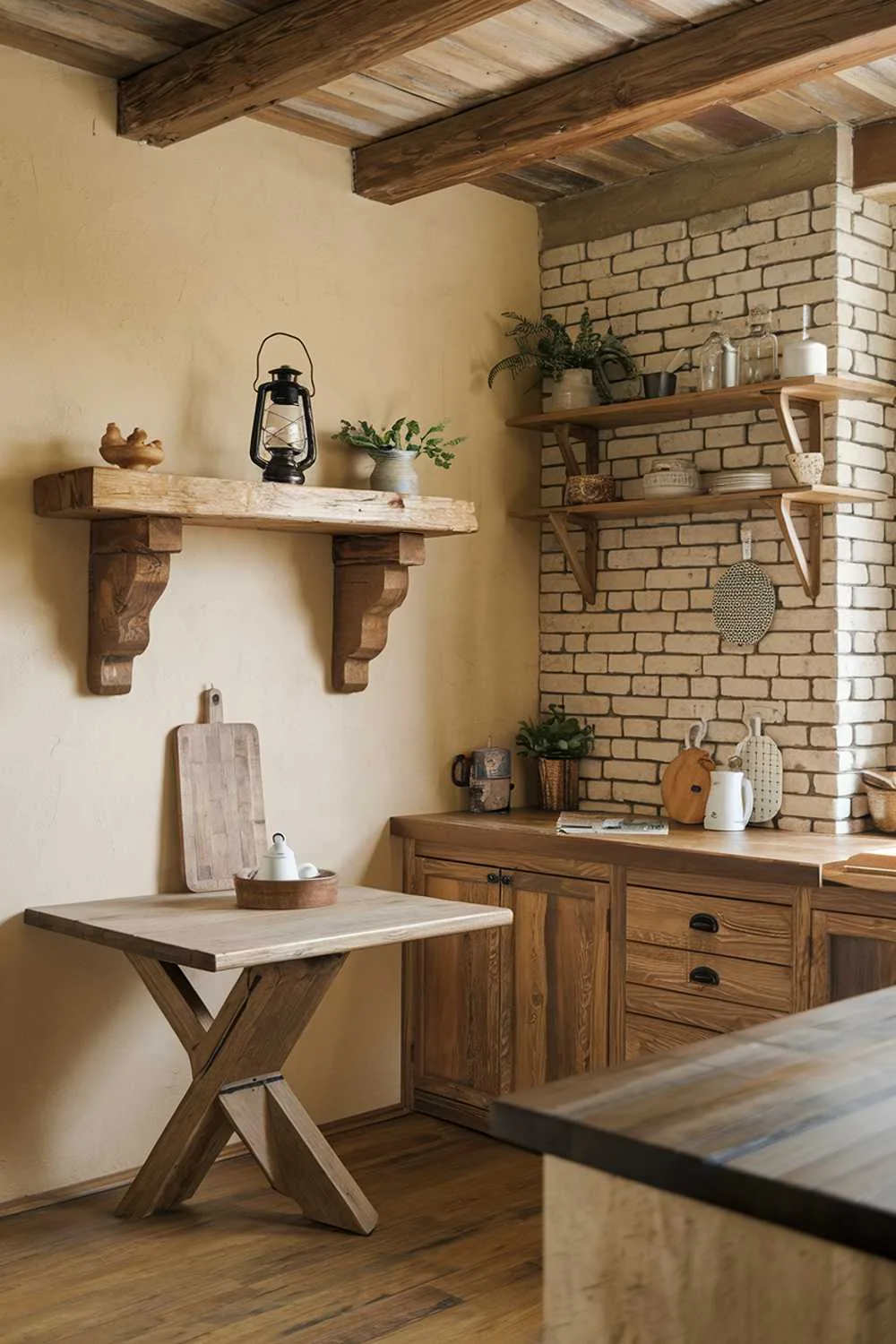 Brick and Wood Kitchen Corner Kitchen corner with brick wall, wooden shelves, and vintage lantern