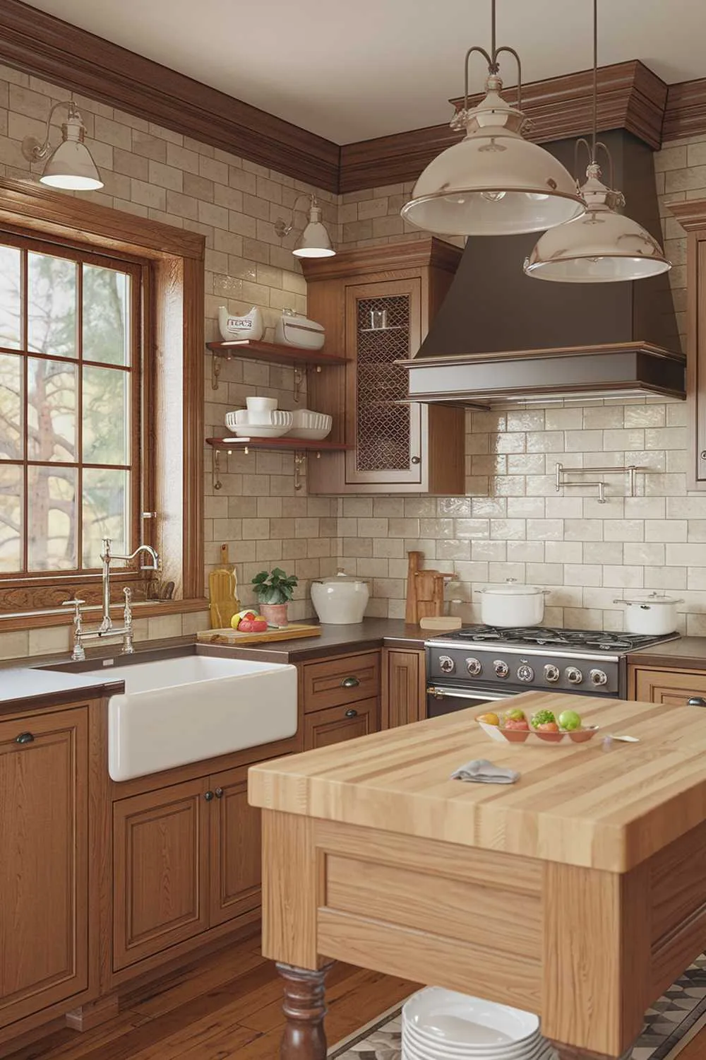 Farmhouse Kitchen Design Farmhouse kitchen with wooden island, pendant lights, and beige tile backsplash