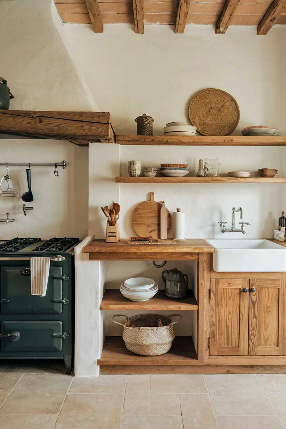 Vintage-Inspired Warm Kitchen Vintage kitchen with wooden shelves, stove, and beige tiled floor