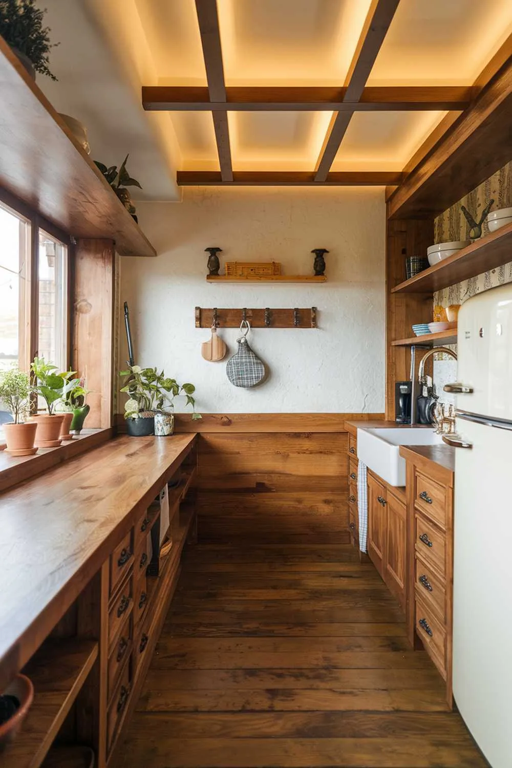 Modern Wood Kitchen Modern kitchen with wooden countertops, shelves, and potted plants