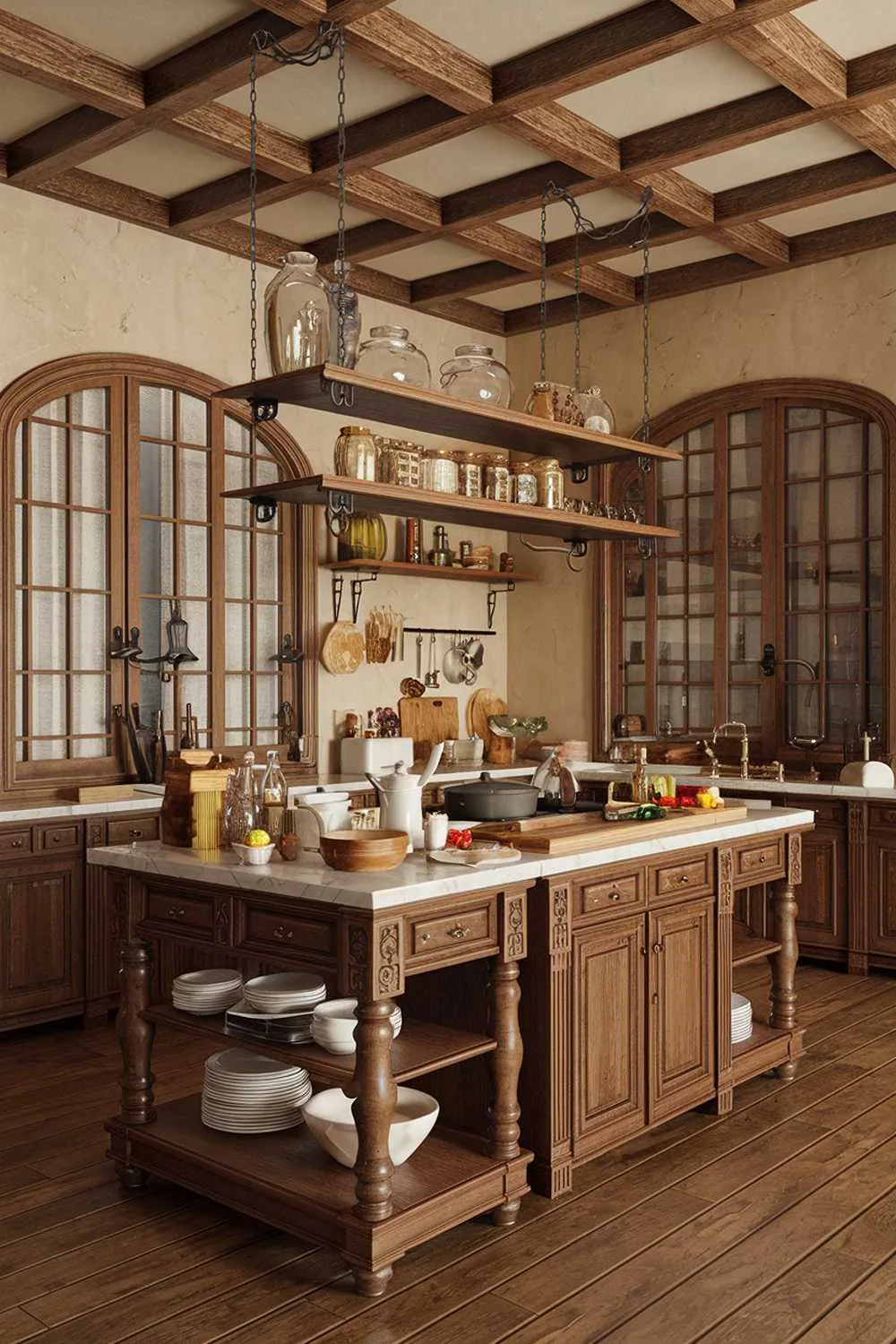 Country Kitchen Charm Country kitchen with exposed beams, wooden shelves, and marble-topped island