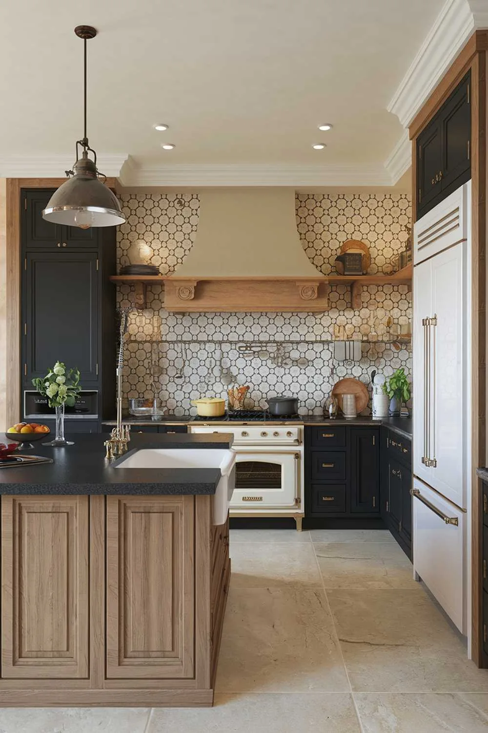 Patterned Backsplash and Wood Kitchen with patterned tile backsplash, black cabinets, and wooden accents