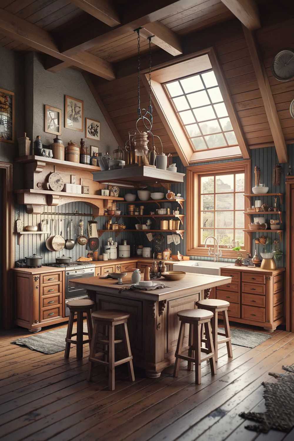 Rustic Kitchen with Natural Light Rustic kitchen with large wooden island, shelves, and ceiling window