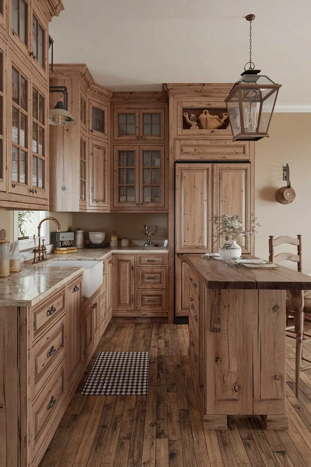 Vintage Charm Kitchen Cozy kitchen with distressed wood cabinets, marble countertops, and vintage lantern