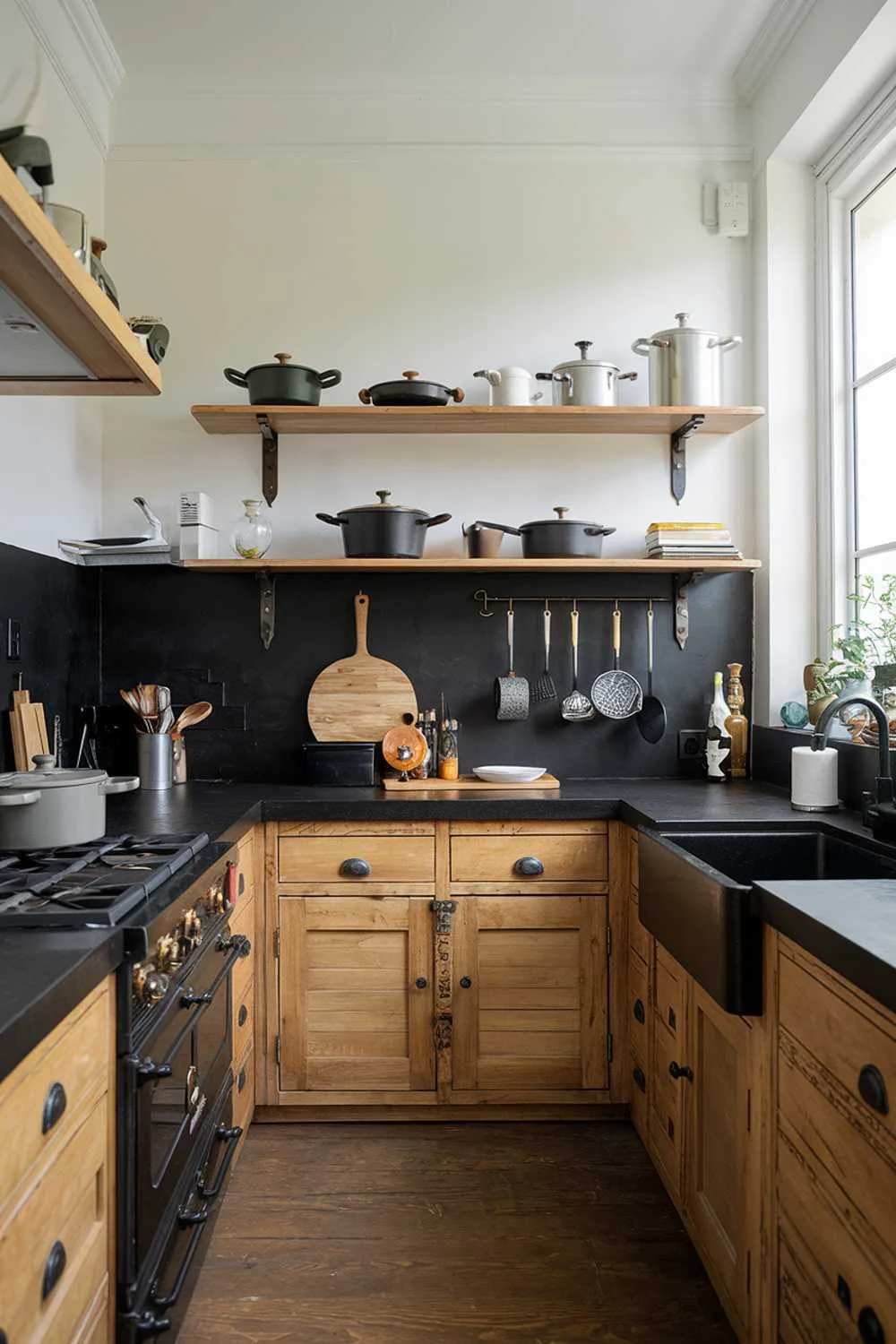 Kitchen with black countertops and backsplash, wooden cabinets, and open wooden shelves displaying cookware
