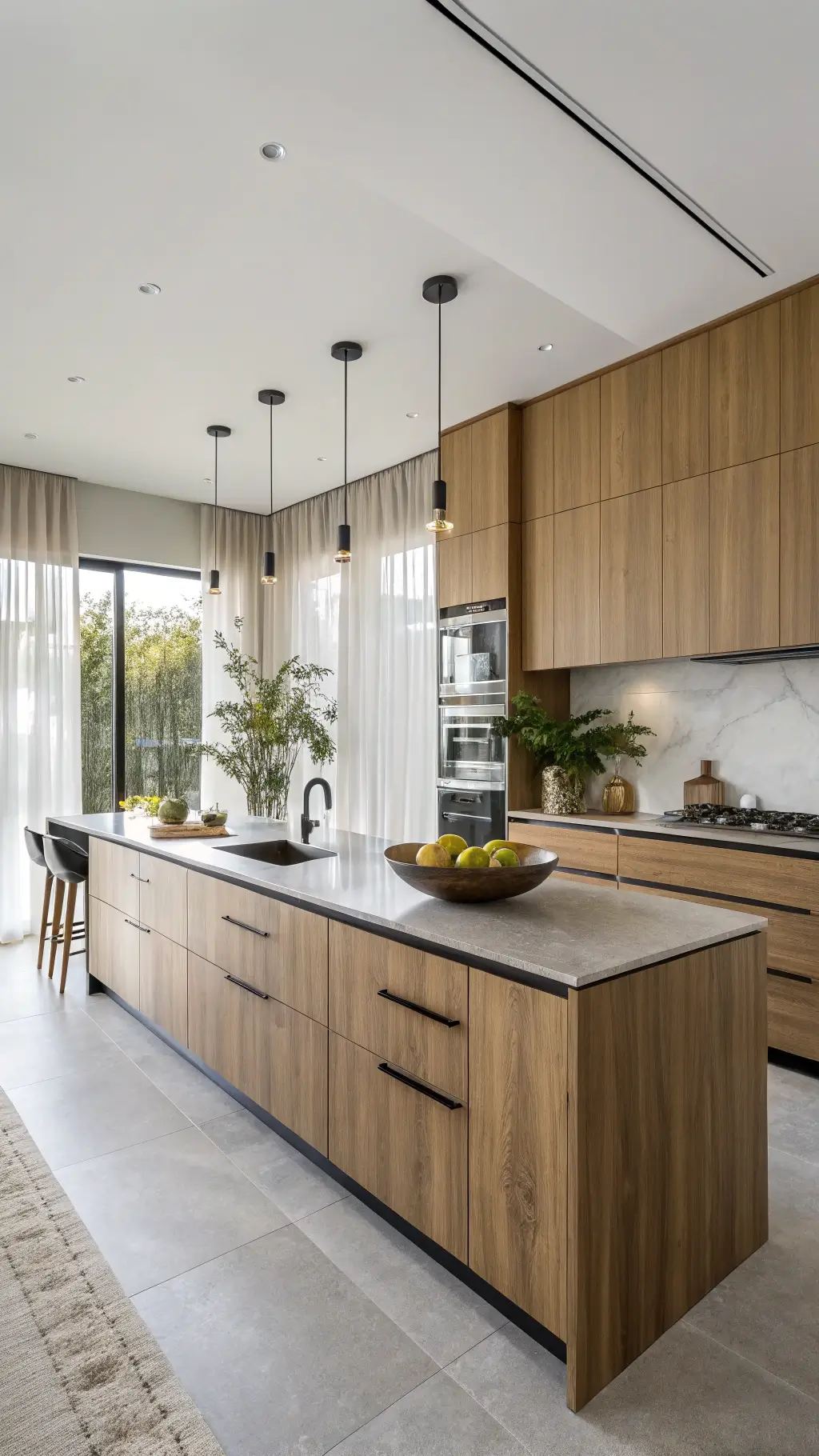 Open-concept kitchen with golden brown cabinets and matte black fixtures