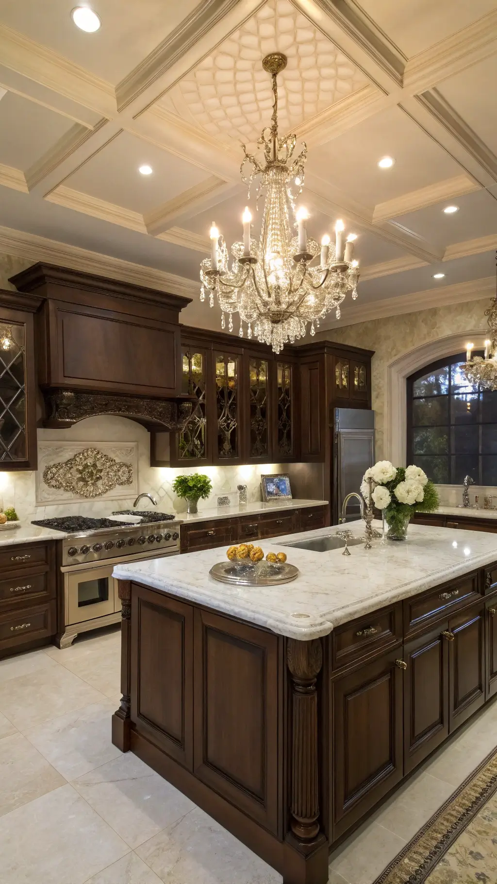 Elegant L-shaped kitchen with chocolate brown cabinets and Carrara marble countertops