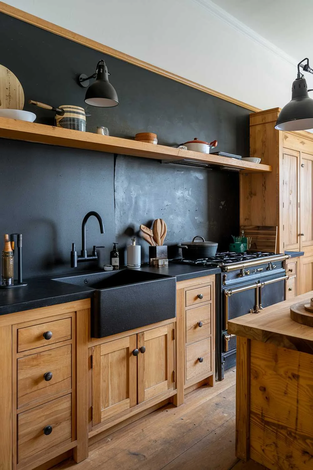 Kitchen with a wooden island, black countertops, and black sink with wooden faucet