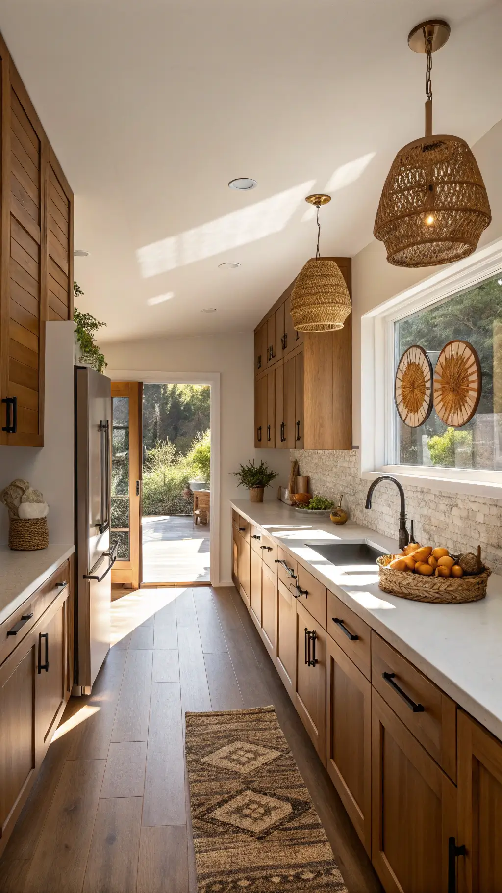 Cozy galley kitchen with honey brown cabinets and white quartz countertops