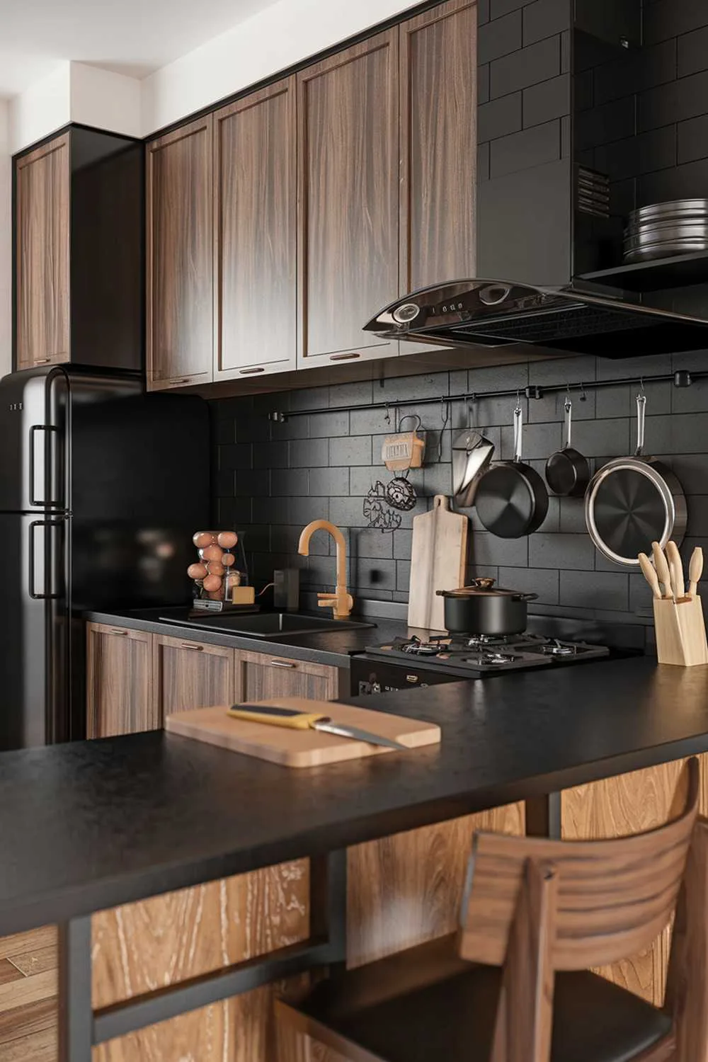 Professional-style kitchen with black countertops, wooden cabinets, and hanging pots
