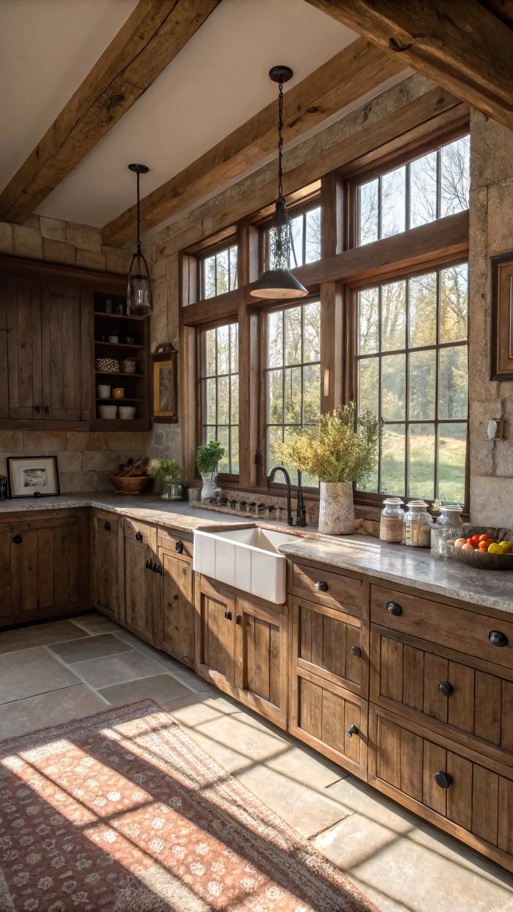 Rustic farmhouse kitchen with distressed brown cabinets and soapstone counters