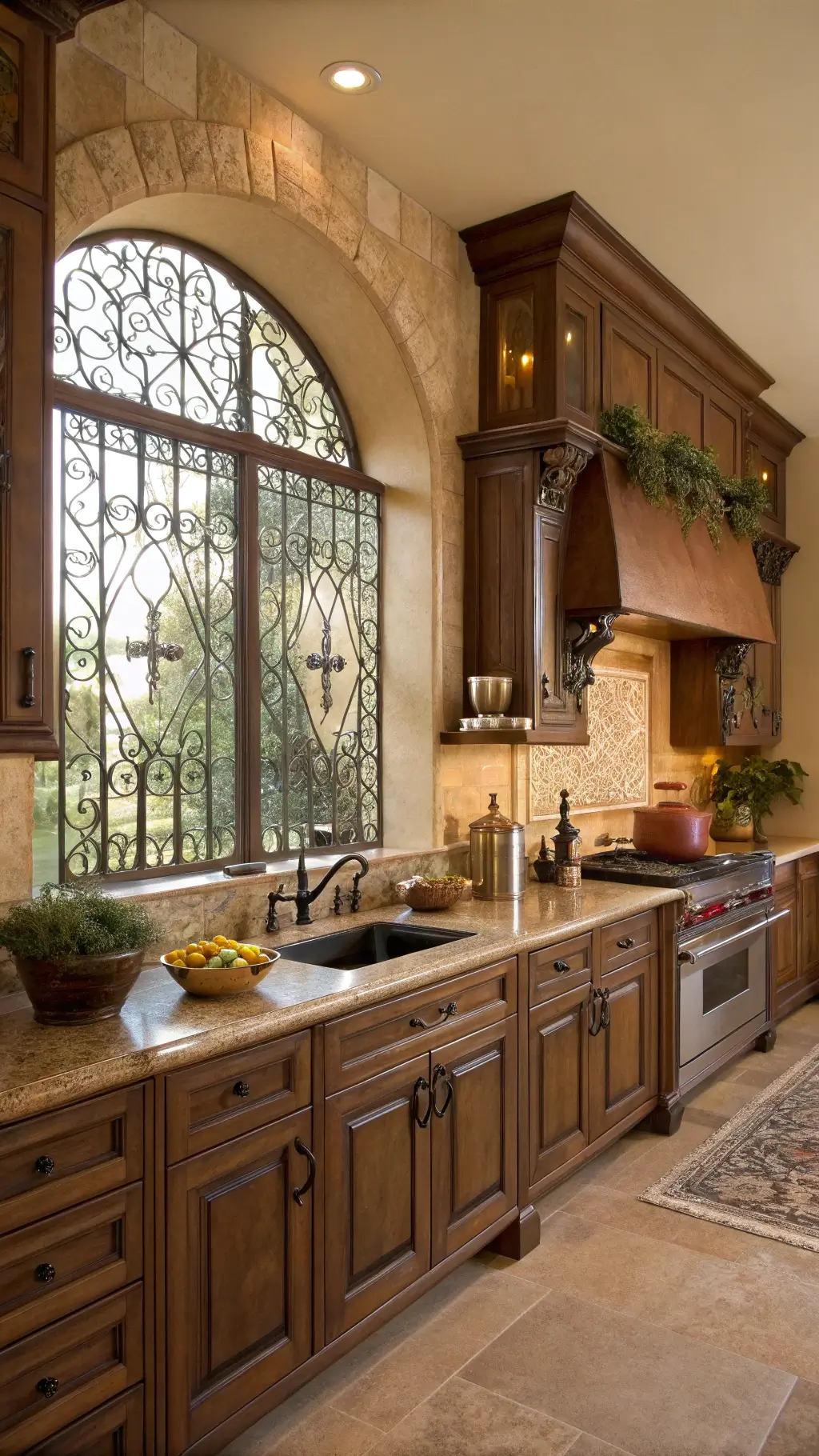 Mediterranean-inspired kitchen with tobacco brown arched cabinets and hand-painted tile backsplash